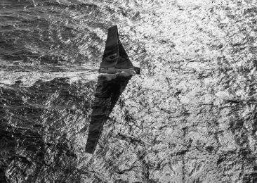 Bateau transat Crédit photo : © Benoît Stichelbaut, la mer vue de haut, un voilier navigue, noir et blanc